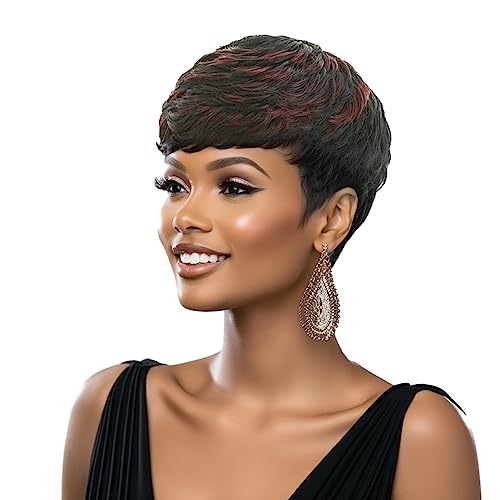 Short Pixie wigs for black women, Black Pixie Cut Wig, Natural Wavy Synthetic Wigs for Black Women Wigs with Bangs, Short Haircuts for Women(Black Mixed Wine Red)