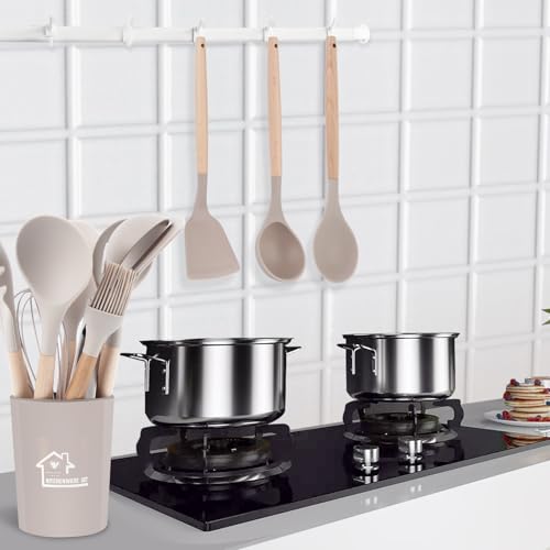 11 Pezzi Set Utensili Cucina Silicone, Set di Utensili da Cucina con Porta Utensili, Mestoli Cucina Silicone Antiaderente con Manico in Legno, Pentole, Set Mestoli Cucina Resistenti al Calore - immagine 6