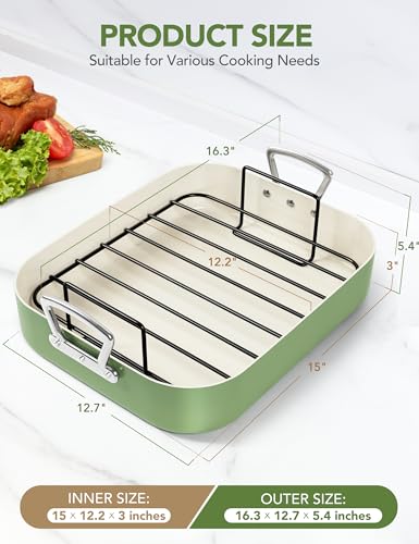 MICHELANGELO Roasting Pan with Rack, Non Stick Ceramic Roasting Pan for Oven and Induction, Turkey Roaster Pan with Stainless Steel Rack, 15 Inch x 13 Inch (38cm x 33cm x 7.6cm) - Green - Image 3