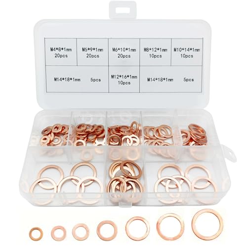 pekifaves 100 Pcs Arandela de Cobre, arandelas planas, anillos de sellado de cobre, surtido M4, M5, M6, M8, M10, M12, M14, cobre, plano, arandelas de sellado de cobre