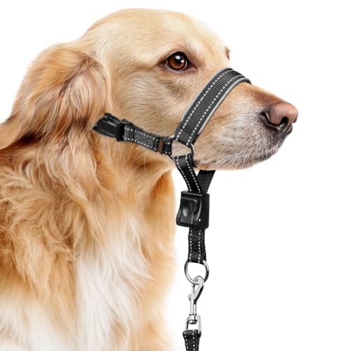 BARKLESS Soft Nylon Dog Head Collar for Large Medium Dog, Reflective Padding Head Halter for Training, Adjustable Muzzle Leash No Pulling, Jumping, Nose Leash Ideal for Walking (Black, M)