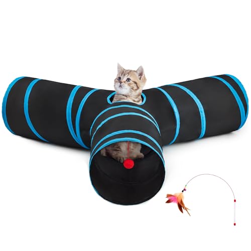 Image of Tempcore Cat Tunnel for Indoor Cats, 3 Way Collapsible Pet Play Tunnel with Teaser Wand, Peek Holes & Hanging Ball, Interactive Tube for Kittens & Rabbits, Black & Blue Large Size