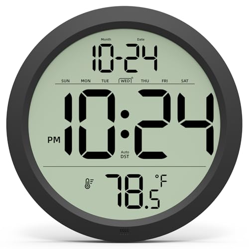 Digital Wall Clock Battery-Operated 8 Inch Small Decorative Modern Wall Clock with Date Temperature Auto-DST Silent Electric Wall Clock for Bedroom Living Room Kitchen Office Farmhouse -Black