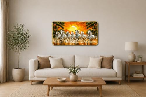 Image of BerryBox 7 Running White Horses Vastu Painting with Golden Border 11x17 Inch | Auspicious White Horse Wall Art Frame for Living Room Bedroom Office | Running 7 Horses Success Wealth Vastu Artwork Home Decor