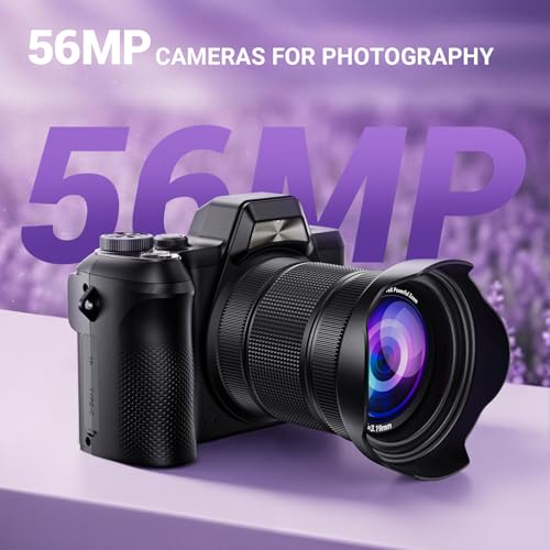 Image of 4K Digital Camera for Photography, 56MP Autofocus Vlogging Camera for YouTube Travel, 3 inch 180Flip Screen & Lens Hood 16X Zoom, 32GB SD Card for Teens & Beginners