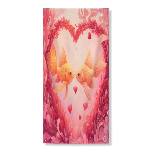 Cubierta para puerta exterior de pez dorado para el día de San Valentín, 36 x 72 pulgadas, océano, mar, vida marina, amor, corazón, casa, puerta delantera, puerta trasera, decoración de entrada