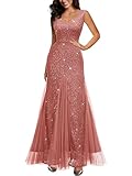 Miusol Women's Elegant V Neck Sleeveless Sequin Lace Evening Party Dress (X-Large, Cinnamon Pink)