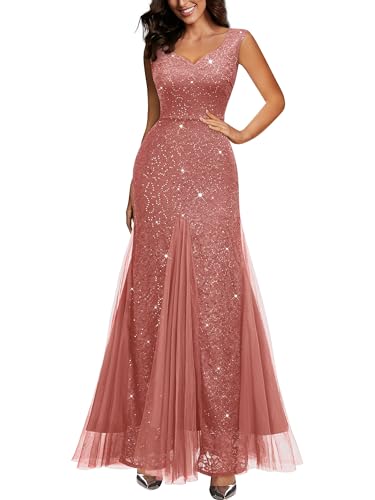 Miusol Women's Elegant V Neck Sleeveless Sequin Lace Evening Party Dress (X-Large, Cinnamon Pink)