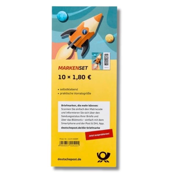 Deutschepost briefmarken 10x 1,80€ Briefmarken selbstklebend, für Standardbriefe bis 500g & Markenset Raketenpost 10 stück Briefmarken (10 Marken, 1,80 Euro)