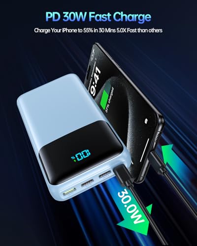 Image of Portable Charger 50000mAh Power Bank, USB-C PD 30W Fast Charging, High Capacity External Battery Pack for Camping, Portable Phone Charger for iPhone 17 /16 /15 /14 /13 /12 /11 Samsung Android (Sky Blue)