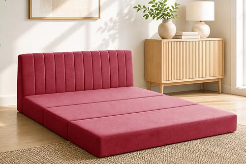 Image of 3-Seater Foldable Floor Sofa Bed with, Modern Velvet Fabric Folding Couch for Living Room, Guest Room & Small Spaces-Red