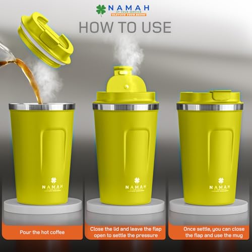Image of Namah Insulated Coffee Mug Travel with Lid 380ML Stainless Steel Coffee Tumbler Cup for Office & Home, Leak Resistant Matte Finish Hot & Cold Travel Coffee Mug for Men & Women Gift (Sun Kissed)
