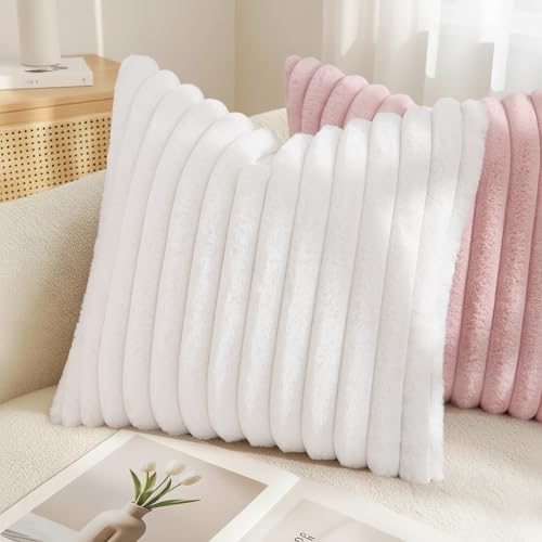 Image of decorUhome Fall Cozy Faux Fur Throw Pillow Covers 16x16 Set of 2 Decorative Soft Plush Striped Modern Farmhouse Boho Couch Pillow Cases with Velvet Back for Sofa Bed Living Room, White