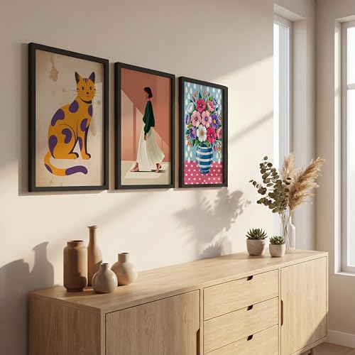 Image of NoWorries Modern Cat Illustration Wall Art Framed Painting Set of 3 | Minimalist Woman Portrait Prints with Frame | Colorful Floral Vase Artwork | Boho Scandinavian Home Decor Wall Frames for Living Room, Bedroom and Office Wall Gallery (Ready to Hang) (Art-12, 10x13inch, Wooden)