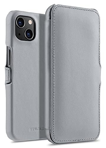 Étui iPhone 13 cuir véritable StilGut coque rabat latéral fermoir clip gris nappa