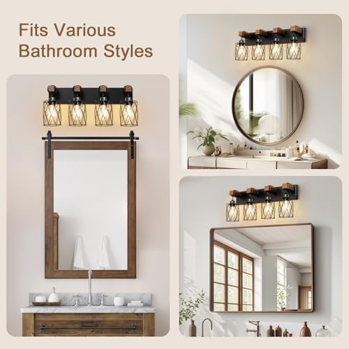 Image of IZORRO Farmhouse Bathroom Vanity Light, 4-Light Wood Bathroom Light Fixtures Over Mirror, Black Industrial Vanity Lights with Metal Shade, Rustic Restroom Lighting Fixtures
