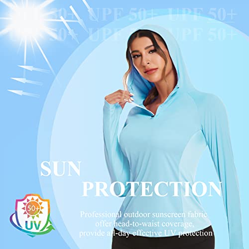 Coorun Women's Spf Pullover Half-Zip Workout Hoodie With Thumbhole Hiking Tops Clear Blue #TOP1