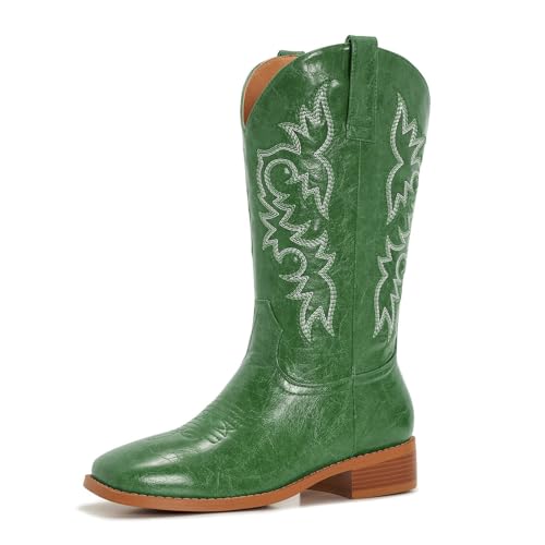 Image of Cowgirl Boots Square Toe Cowboy Boots For Women Ladies Mid Calf Low Heel Flat