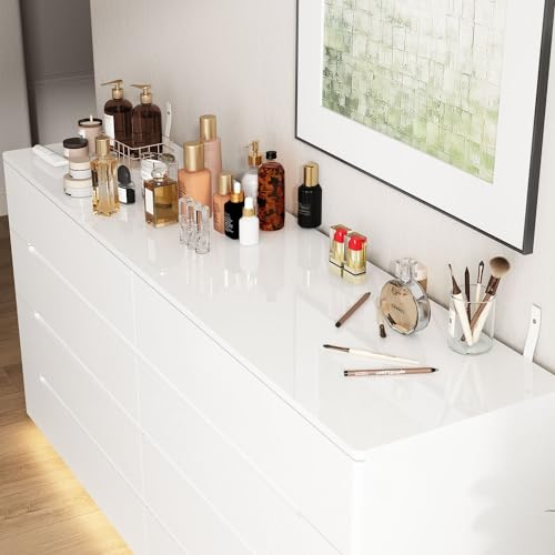 FAMAPY High Gloss Dresser with Lights, Modern Glossy 8 Drawer Dresser with Curved Edge, Chest of Drawers for Bedroom White (63”W x 15.7”D x 30.9”H)