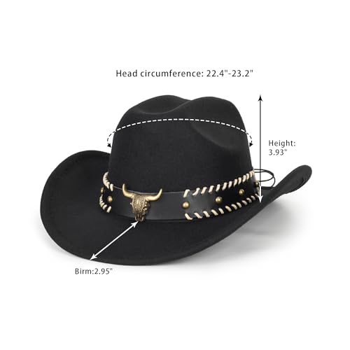 Image of Wide Brim Men and Women's Western Cowboy Hat Fedora-Jazz-Hat with Bull Head Band Decoration