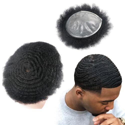 lumeng Afro Mens Toupee Wave Black Mans Wigs Male Hair Unit 8MM Kinky Weaves European Human Hair Pieces Replacemnt System 10x8 Skin PU Hair Prosthesis Units Patch Implant for Men 1 Jet Black
