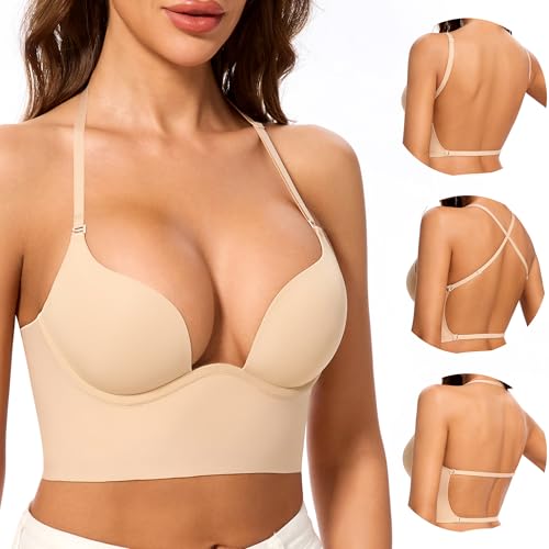 Low Back Bras for Women-Seamless Invisible Backless Bra-Secret Plunge Bra Lightly Lined Multiway Open Back Halter Bras