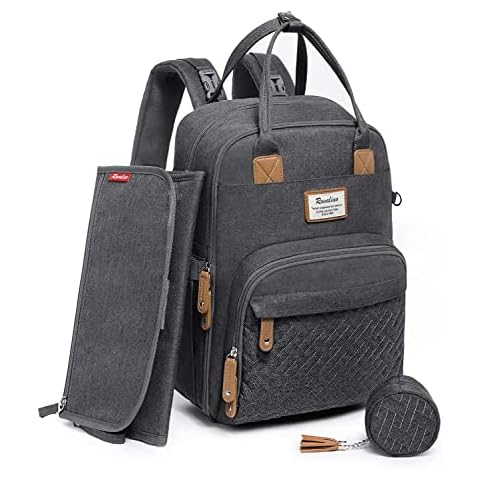 RUVALINO Baby Wickelrucksack Wickeltasche Rucksack mit tragbarer Wickelauflage, Schnullerhalter und Kinderwagengurten, Babytasche Multifunktional für Mama und Papa, Dunkelgrau Cover