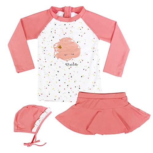 Fille Maillots de Bain, Enfant Costume de Natation 3-Pièces Anti-UV T-Shirt et Jupe-Shorts et Bonnet de Bain Cover