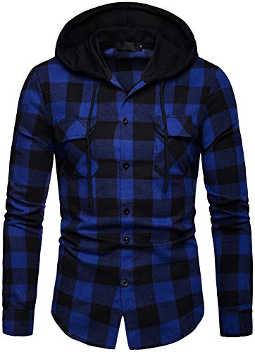 Men Hooded Plaid Shirts Button Splice Sweatshirt Long Sleeve Lattice Tops