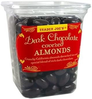 Trader Joe's Dark Chocolate Almonds Crunchy California Almonds Drenched in Rich Dark Chocolate No Gluten Ingedients...
