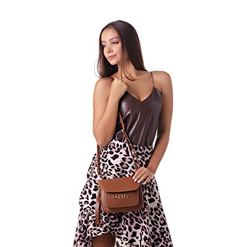 Bolsa Feminina Dhaffy Marrom, Alça Transversal, Bolso na Frente. cor:marrom;tamanho:P