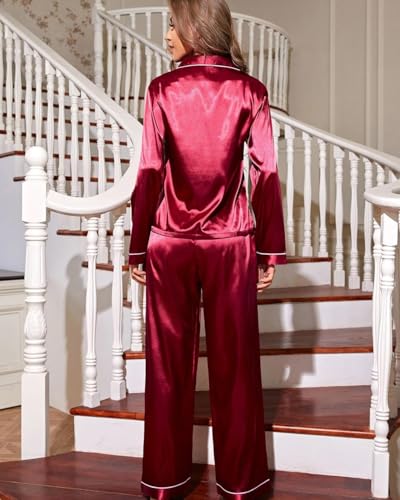 Pijama Feminino Americano Adulto Cetim Toque de Seda Bolso e Botão Manga Longa e Calça (BR, Alfa, G,