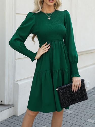 CUPSHE Women's Round Neck Emerald Green Smocked Long Sleeve Mini Dress  Ruffled Hem Casual A Line Short Dress, Emerald Green, Large : Amazon.sg:  Fashion