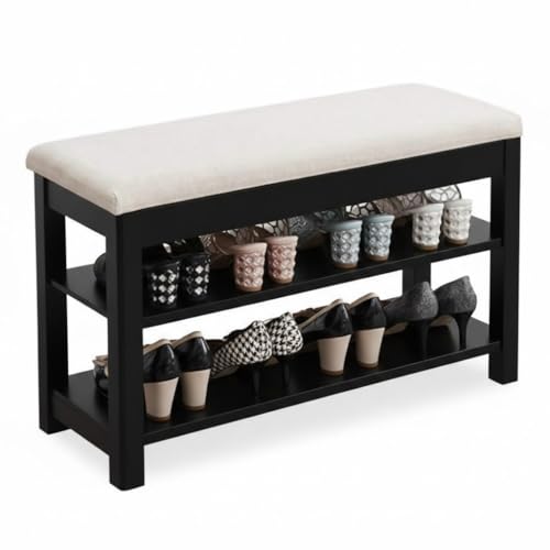 Image of Premium Sheesham Wood Shoe Rack with Upholstered Bench - 2-Tier Solid Wood Entryway Shoe Organizer - Durable Hallway Storage Bench for Living Room & Bedroom (Black, 24inch)