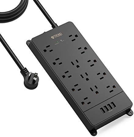 TROND 13-Outlet Power Strip Surge Protector, 4000J, 10ft Extension Cord, 4 USB Charging Ports, Flat Plug, Wall Mountable, ETL Listed, Black TROND 13-Outlet Power Strip Surge Protector, 4000J, 10ft Extension Cord, 4 USB Charging Ports, Flat Plug, Wall Mountable, ETL Listed, Black