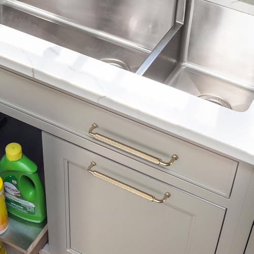 Image of Goo-Ki 6 Pack 7 9 /16 Inch Champagne Bronze Knurled Cabinet Pull Handle - Textured Non-Slip Grip, Classic Modern Design for Kitchen Cabinets & Furniture Drawers