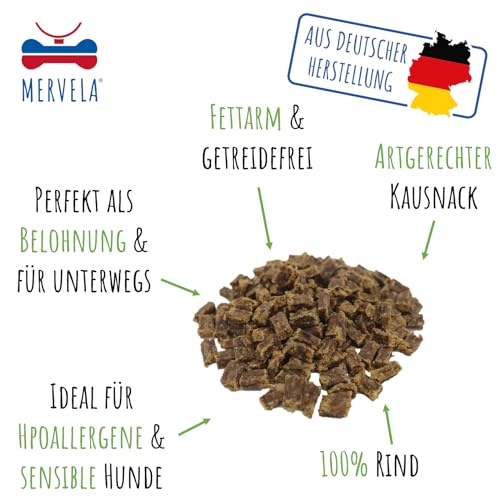 MERVELA® Premium Rind Kauwürfel für Hunde, 500g - Ideal als Trainingsleckerli | 100% Natürliches Rindfleisch | Hypoallergen für Sensible Hunde | Made in Germany