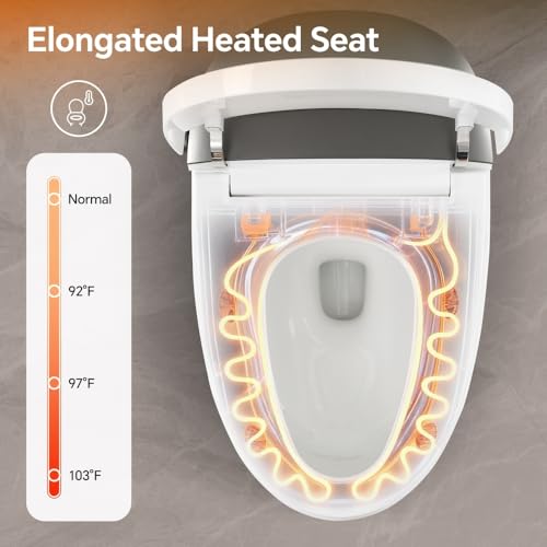 Inodoro inteligente bidé altura ADA con asiento alargado calefaccionado, doble descarga potente, lavado frontal y trasero multi-modo, 4 niveles de temperatura y presión de agua, secador de aire cálido, cerámica fácil de limpiar, plateado/blanco miniatura 5