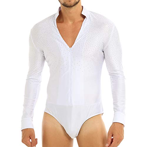 YiZYiF Men's Sequins V Neck Dance Shirts Unitard Ballroom Modern Latin Long Sleeve Dancewear Zip Front White Medium