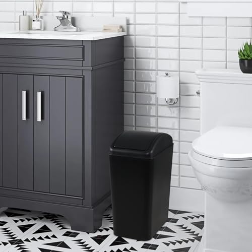 Image of 4.5 Gallon Plastic Swing Lid Trash Can, Swing-Top Trash Bin, Black | Small Slim Garbage Can, Waste Basket with Lid