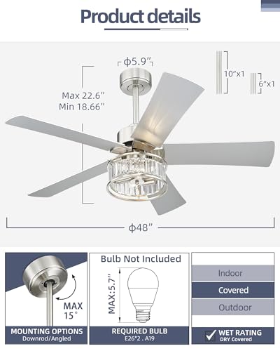 Image of YOUKAIN 48-Inch Crystal Ceiling Fan with Lights & Remote, Gray Oak