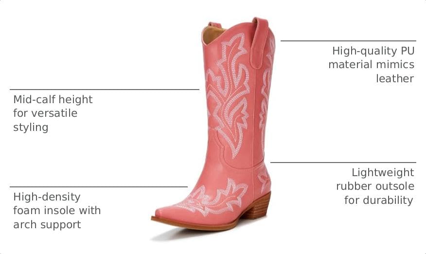 Image of Cowboy Boots for Women - Embroidered Western Cowgirl Boots with Fashion Snip Toe, 1.75-Inch Low Block Heel and All-Day Comfort Fit