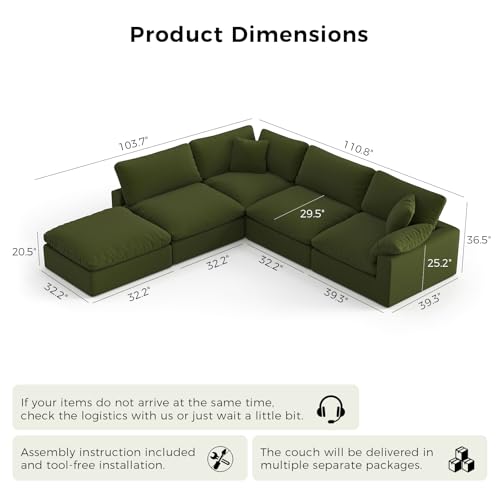 Image of 143 inch Cloud Modular Sectional Sofa,Green Down Filled Sofa 4 Seat with Chaise,Minimalist Sofa Cover Washable and Replaceable Couches for Living Room,Sectional Sofa Deep Seat