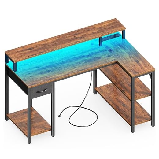 SUPERJARE L Shaped Gaming Desk with LED Lights & Power Outlets, Reversible Computer Desk with Shelves & Drawer, Corner Desk Home Office Desk, Rustic Brown