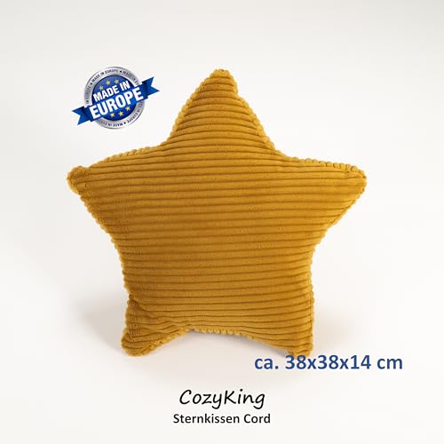CozyKing Sternkissen Cord Gold Deko-Kissen Breitcord Kuschelkissen Stern Öko-Tex 100 Zertifiziert und 40°C waschbar - Sternenkissen für Sofa, Wohnzimmer oder Kinder-Zimmer - 38x38x14 cm