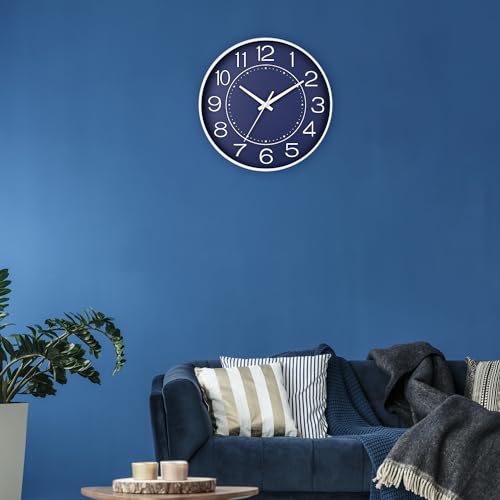 Image of HZDHCLH Modern Wall Clocks Battery Operated,10 inch Navy Blue Clock for Wall,Silent Small Wall Clock for Living Room Bedroom Kitchen Office Nursery Decor