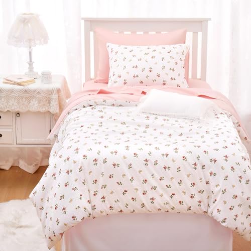 Image of Wake In Cloud - Floral Comforter Set, Coquette Cottagecore Aesthetic Cute Flower Rose Pattern for Women Teen Girls, Soft Lightweight Dorm Bedding, 3 Pieces, Pink, Twin /Twin XL Size