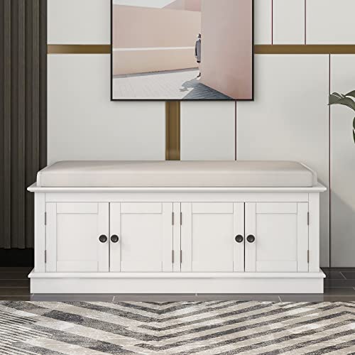 Knocbel-Entryway-Storage-Bench-with-Removable-Cushion-4-Doors-and-Adjustable-Shelves-Hallway-Foyer-Bathroom-Bedroom-Shoe-Bench-200lbs-Weight-Capacity-427-W-x-16-D-x-174-H-White Knocbel Entryway Storage Bench with Removable Cushion 4 Doors and Adjustable Shelves Hallway Foyer Bathroom Bedroom Shoe Bench 200lbs Weight Capacity 427 W x 16 D x 174 H White