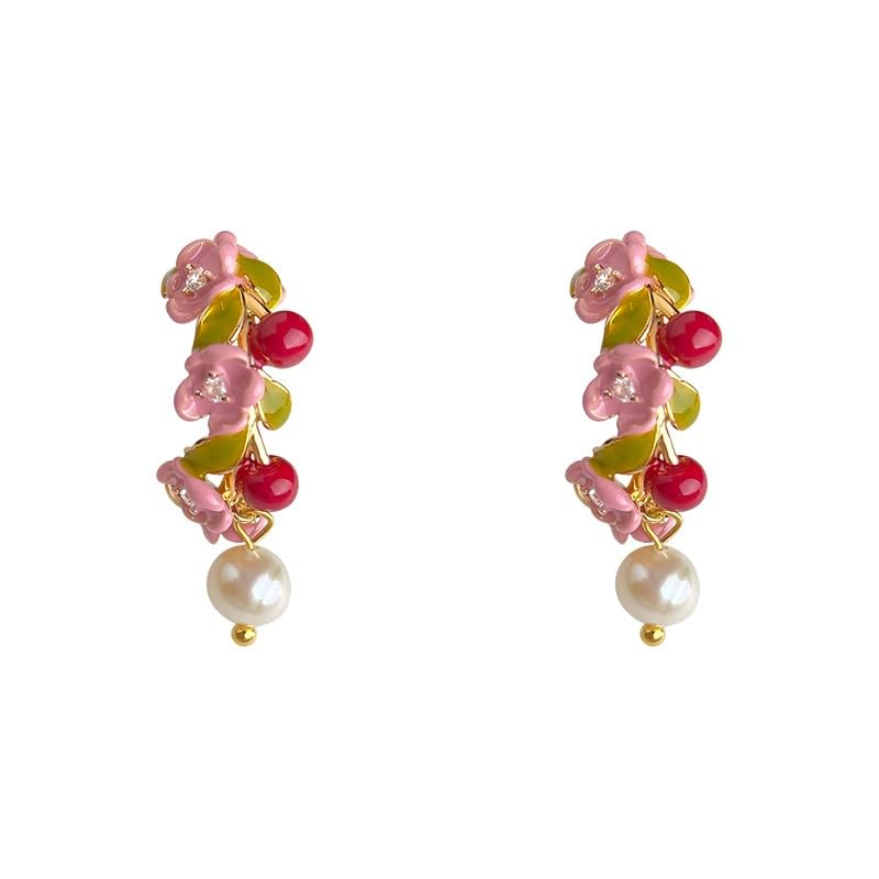 Pendientes de tuerca para mujer, pintados a mano, chapados en oro de 14 quilates, bonito aspecto primaveral con circonita, frescos y naturales