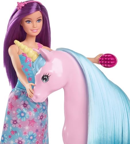 Barbie Bebek ve Tek Boynuzlu At Barbie büyüleyici bebek ve tek boynuzlu at oyuncak seti, eyer, fırça ve aksesuarlar HYT62 - Görsel 5